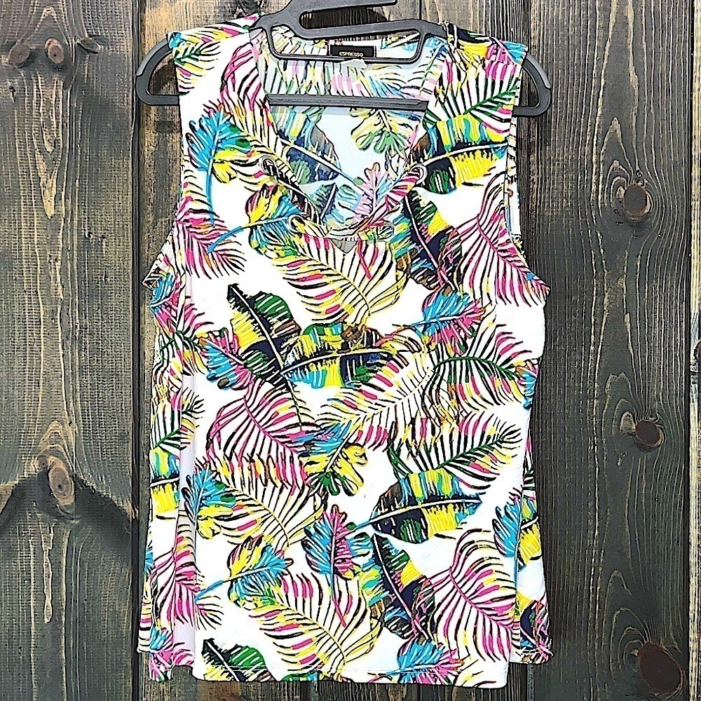 Espresso Floral Top L Boho‎ Neon Textured Sleeveless Tank Criss Cross Neck Silky